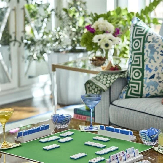 Travel Mini Blue Frosted Acrylic Tiles with 160 Engraved American Mahjong Tiles